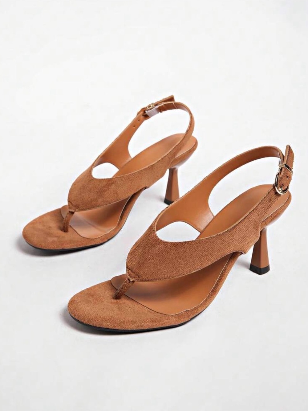 Suede Brown Slingback Toe-Loop Heels